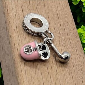 Pink Headphones 3D Dangle Charm Bracelet Rhinestone Silver Case + Earphone Gift